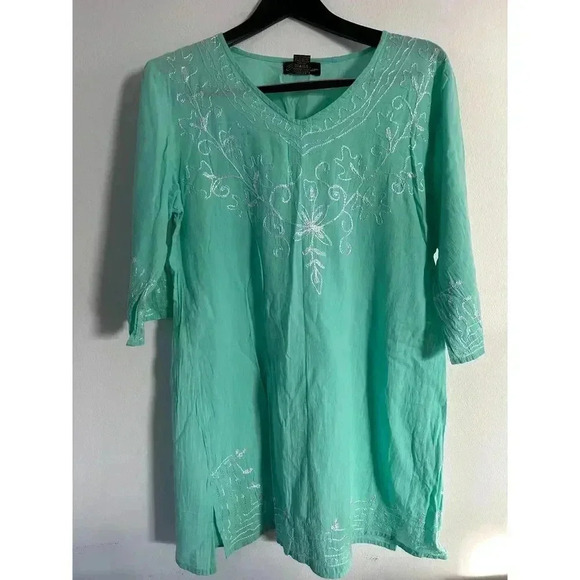 Beach by Exist Mint Green Embroidered Floral Boho Summer Tunic Top Cotton Size L - Picture 1 of 5